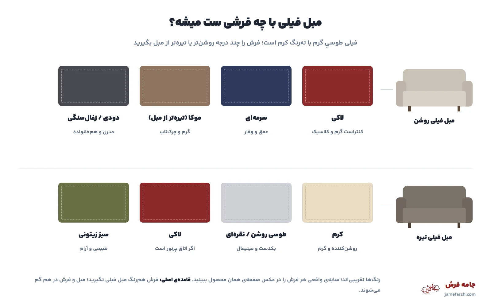 مبل فیلی با چه فرشی ست میشه؛ رنگ فرش مناسب برای مبل فیلی روشن و تیره