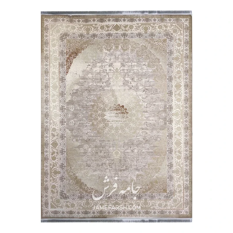 فرش مشهد وینتیج (کهنه‌نما) کد 803688، 1200 شانه، رنگ کرم – تصویر 2