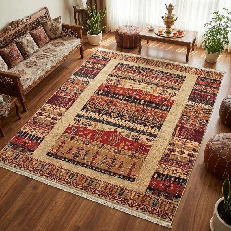 فرش بزرگمهر آریا بلوچی کد 78107، 700 شانه، رنگ گندمی – تصویر 1