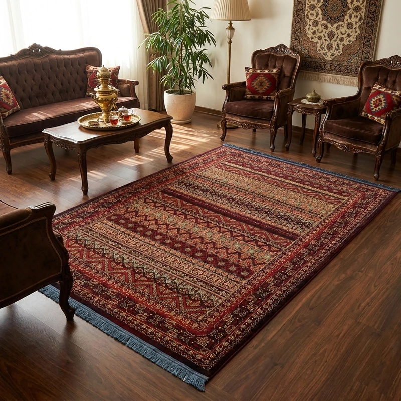 فرش مشهد بلوچی کد 871358، 700 شانه، رنگ لاکی – تصویر 1
