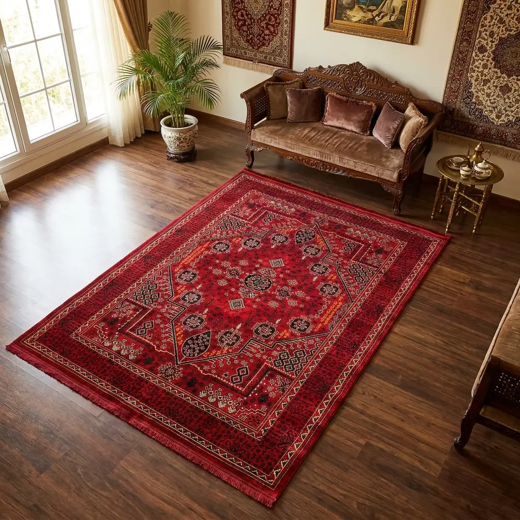 فرش بزرگمهر بلوچی کد 78163، 700 شانه، رنگ لاکی – تصویر 1
