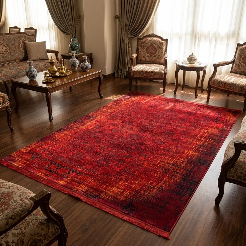 فرش بزرگمهر وینتیج (کهنه‌نما) کد 78039، 700 شانه، رنگ لاکی – تصویر 1