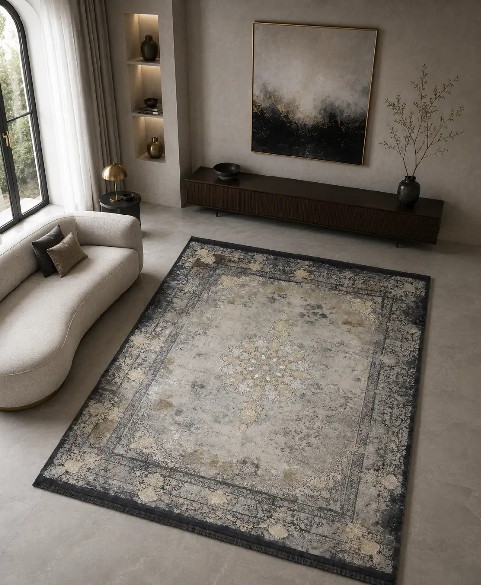 فرش مشهد وینتیج (کهنه‌نما) کد 803595، 1200 شانه، رنگ سرمه‌ای – تصویر 1