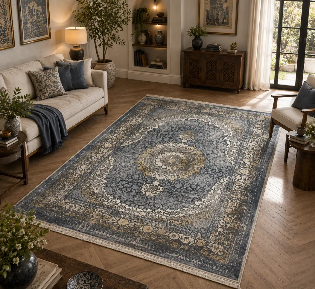 فرش مشهد وینتیج (کهنه‌نما) کد 803305، 1200 شانه، رنگ طوسی – تصویر 1