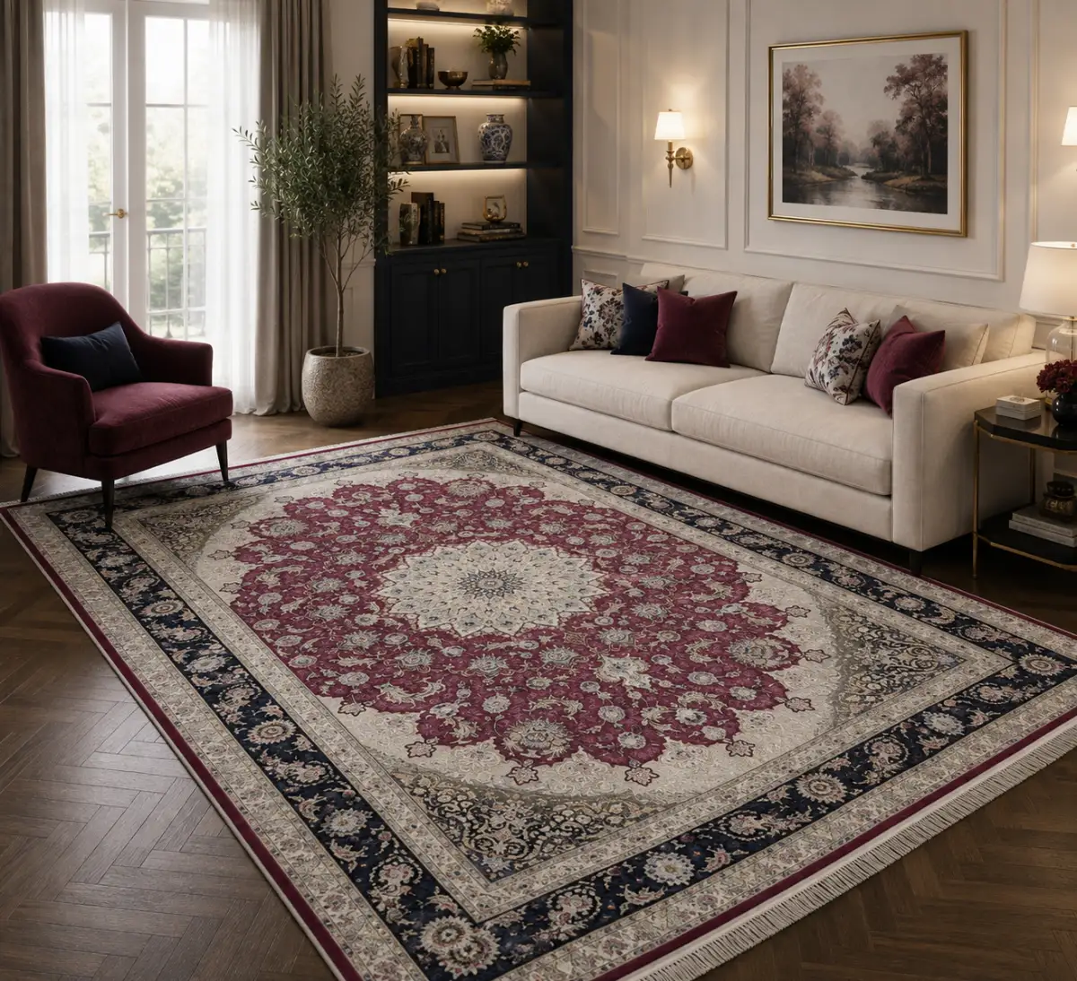 فرش مشهد لچک ترنج کد 814003، 1500 شانه، رنگ ارغوانی – تصویر 2