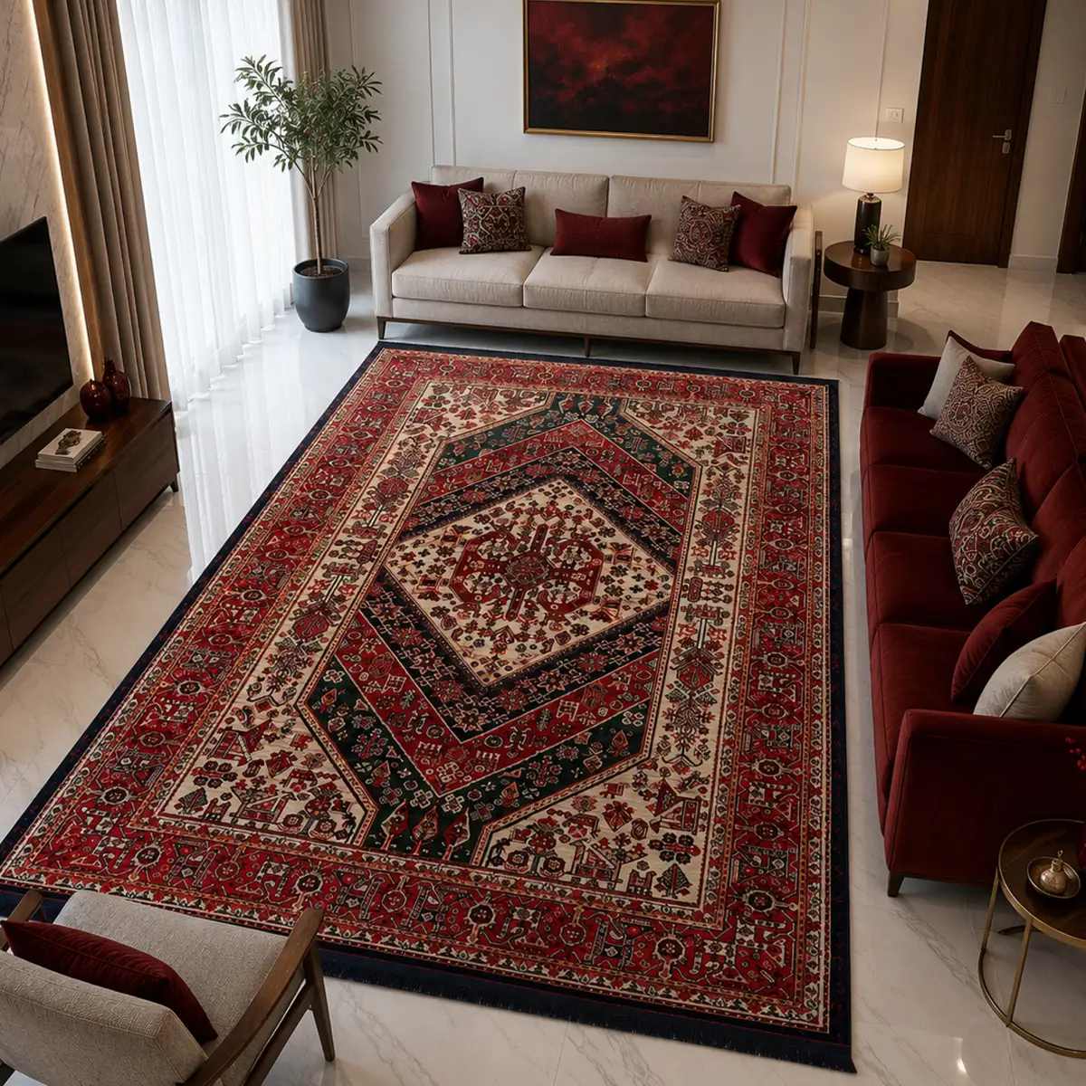 فرش نقش کهن هرمس بلوچی کد 6656، 500 شانه، رنگ گندمی – تصویر 1