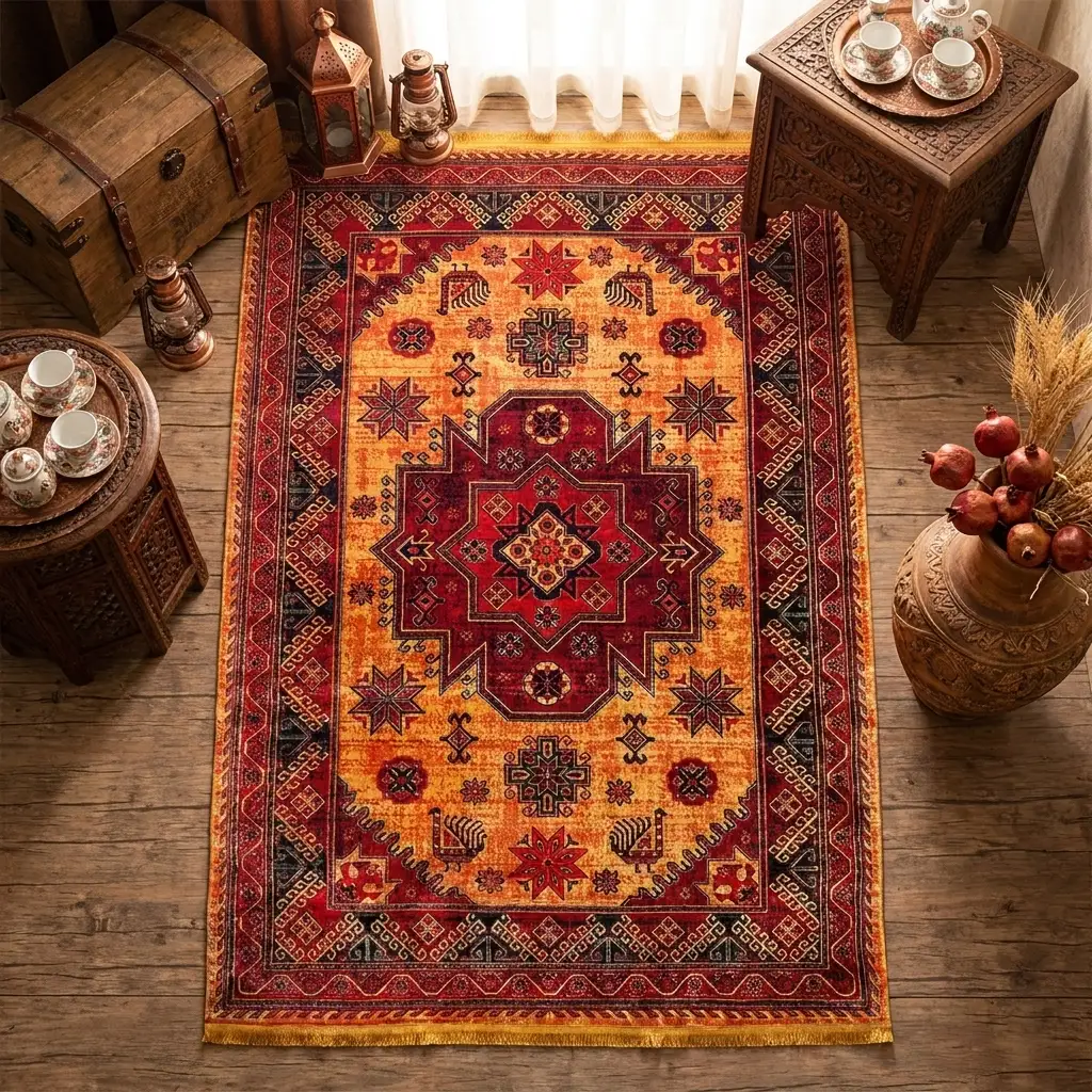 فرش نقش کهن هرمس بلوچی کد 6049، 500 شانه، رنگ طلایی – تصویر 1