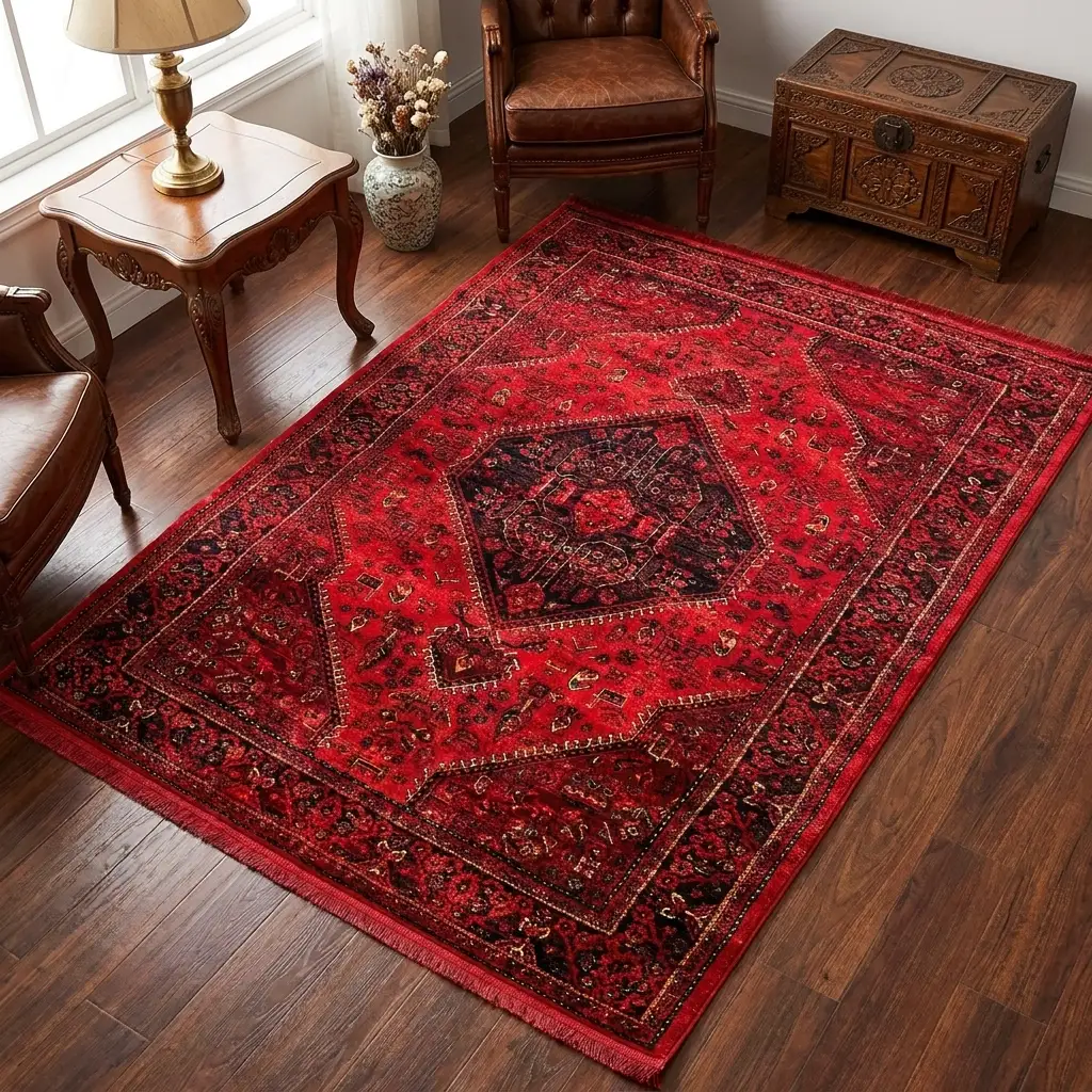 فرش نقش کهن هرمس بلوچی کد 6046، 500 شانه، رنگ لاکی – تصویر 1