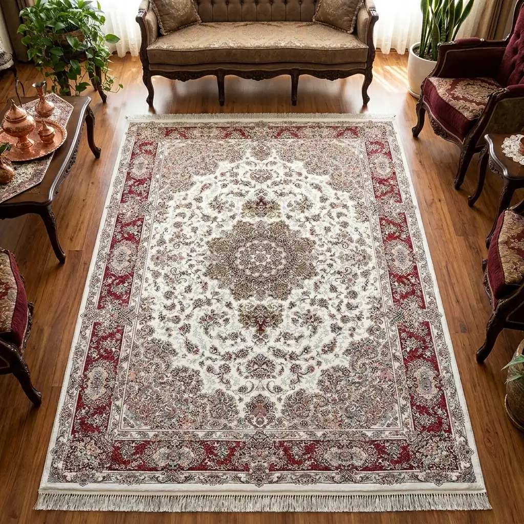 فرش مشهد تبریز کد 803816، 1200 شانه، رنگ کرم – تصویر 1