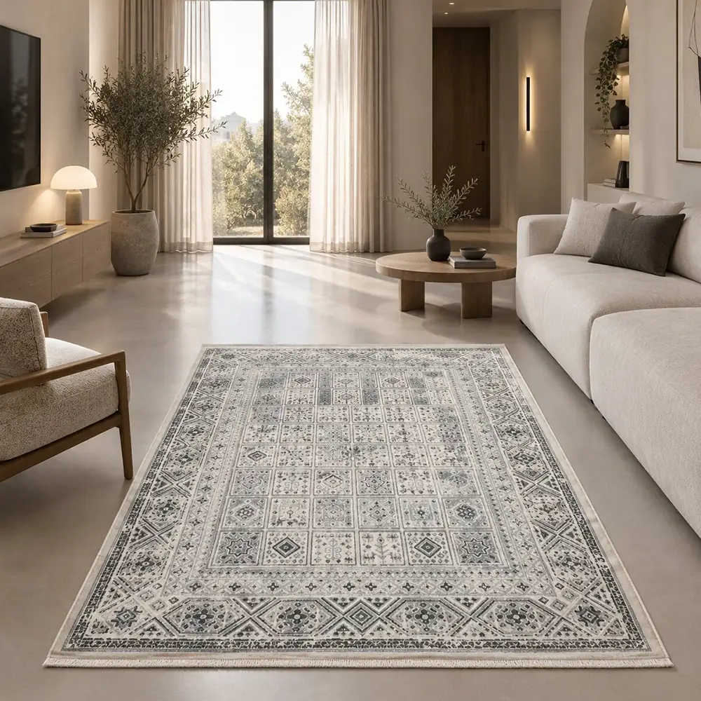 فرش آرمانی دوونا خشتی کد 5609، 420 شانه، رنگ کرم – تصویر 1