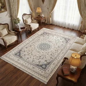 فرش مشهد لچک ترنج کد 814007 1500 شانه تراکم 4500 رنگ کرم - جامه فرش
