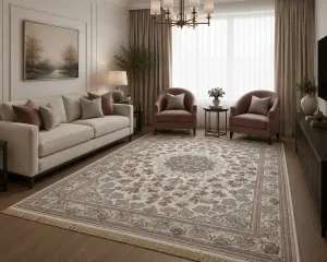 فرش مشهد لچک ترنج کد 802077 1200 شانه تراکم 3600 رنگ کرم - جامه فرش