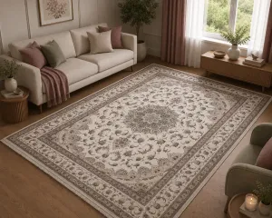 فرش مشهد لچک ترنج کد 815005 1500 شانه تراکم 4500 رنگ کرم - جامه فرش